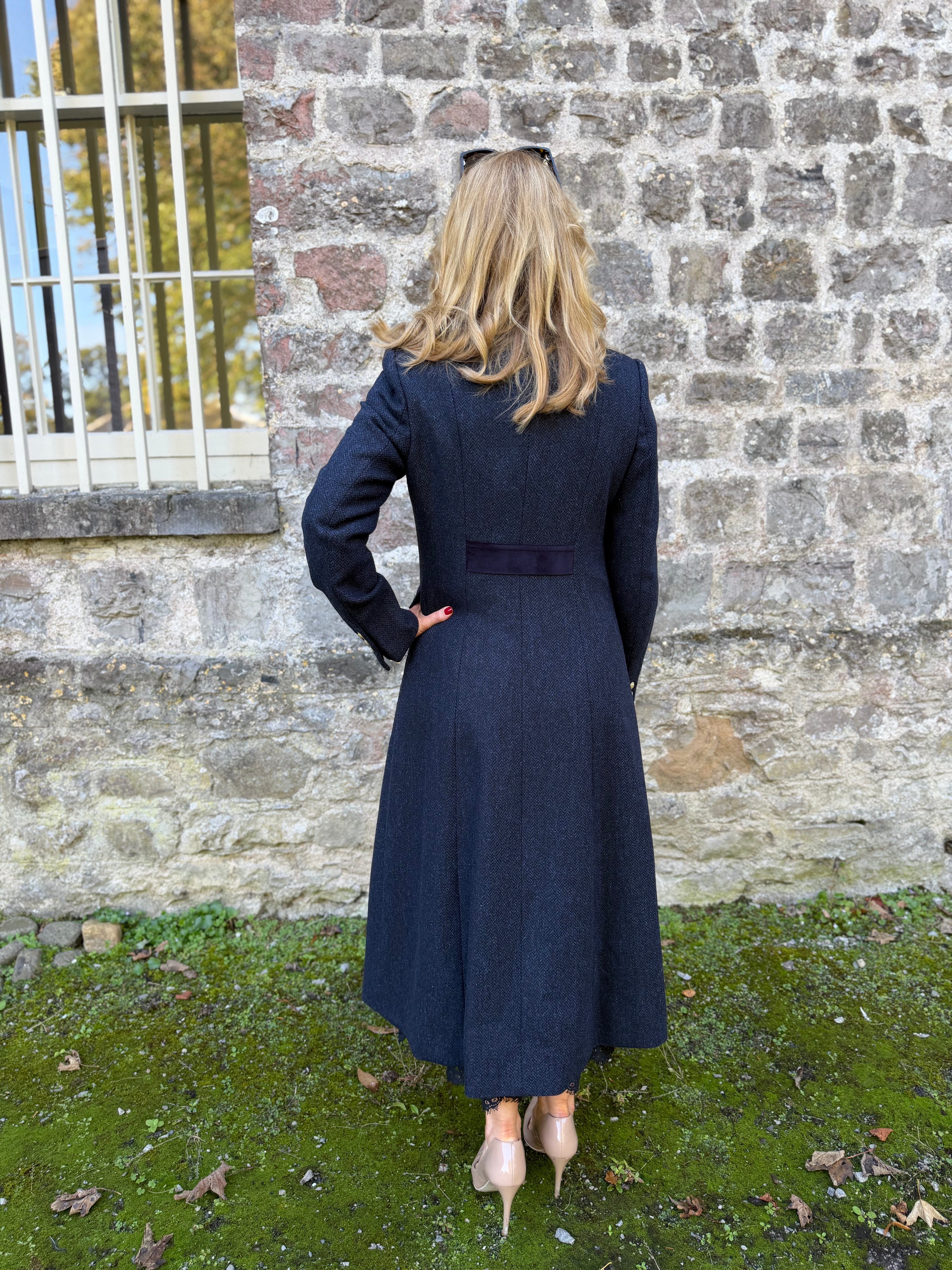 LBariloche Valent navy herringbone military coat with velvet back trim – back lifestyle view