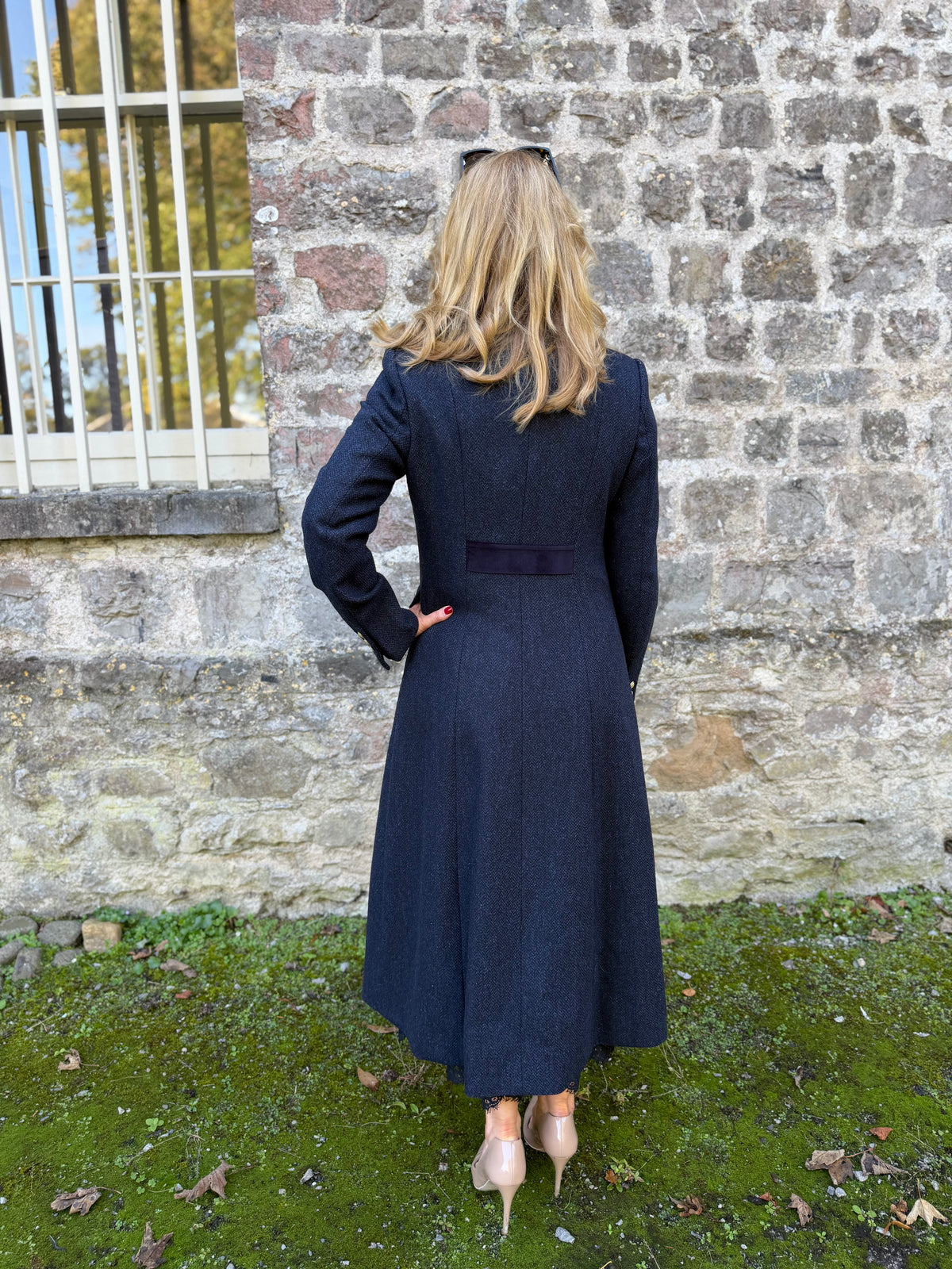 LBariloche Valent navy herringbone military coat with velvet back trim – back lifestyle view