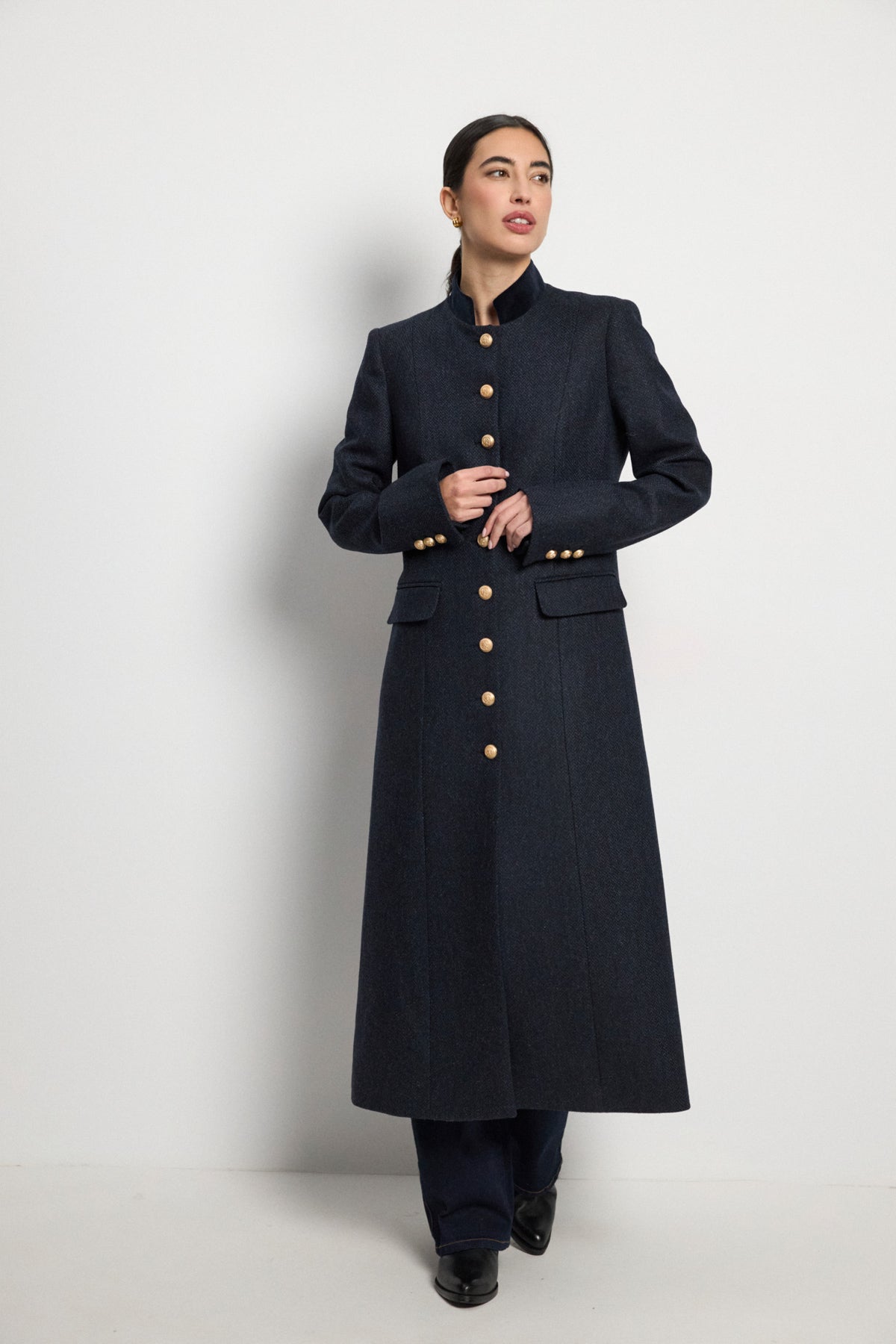 Bariloche Valent navy herringbone military coat with gold buttons and velvet collar – front model view