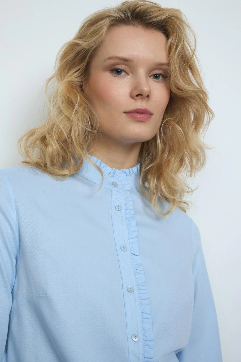 Bariloche Vareia ruffle front shirt in light blue