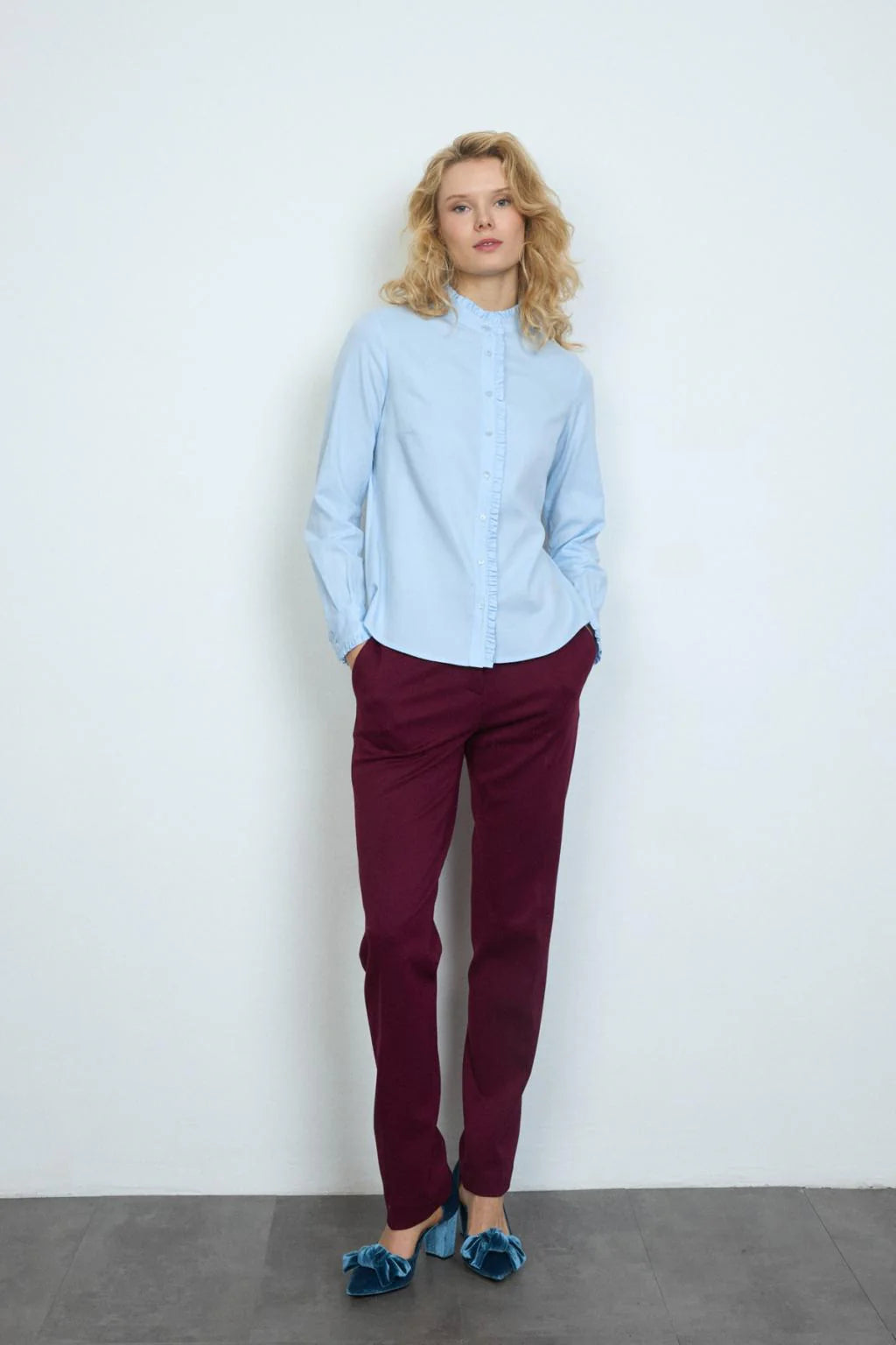 Bariloche blue cotton ruffle shirt with long sleeves