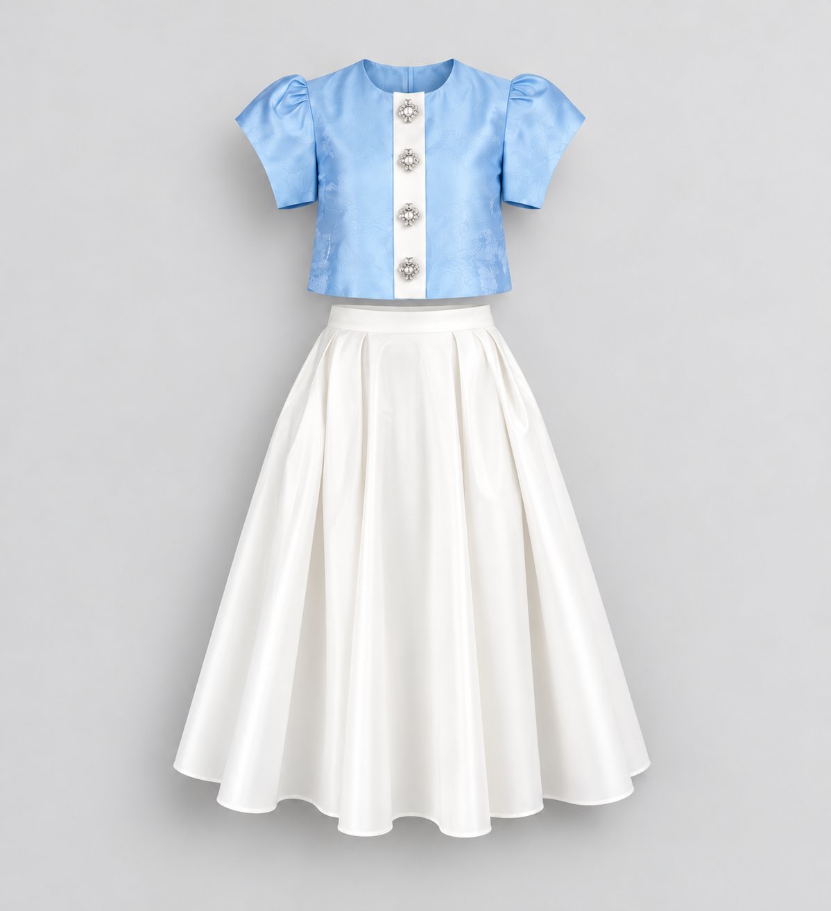 Birelin Couture blue embellished occasion top and white full A-line skirt set with crystal-effect buttons