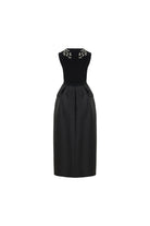 Crystal embellished black midi dress for weddings and evening events