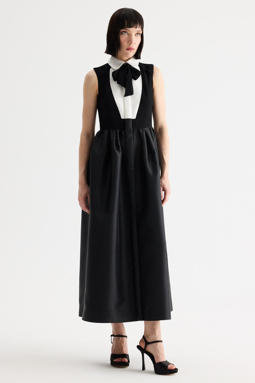Birelin Couture black and white bow tie neck midi dress front view