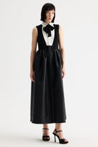 Birelin Couture black and white bow tie neck midi dress front view