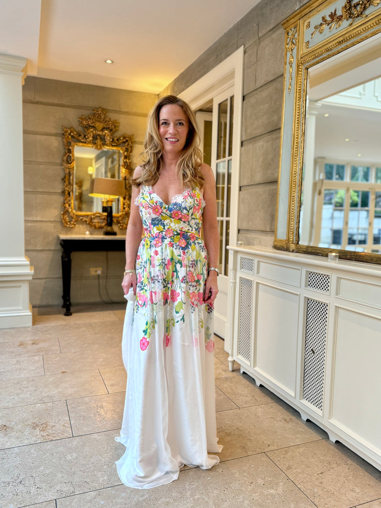 Carla Ruiz White Embroidered Flower Tulle Maxi Dress