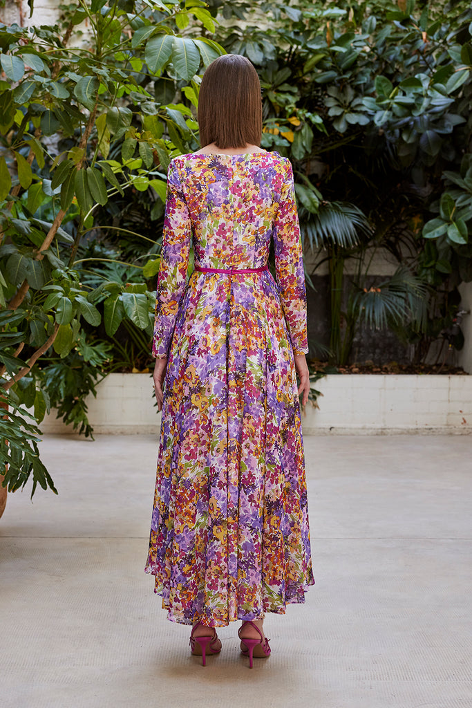 Carla Ruiz Long Sleeve Floral Print Midi Dress From the Back