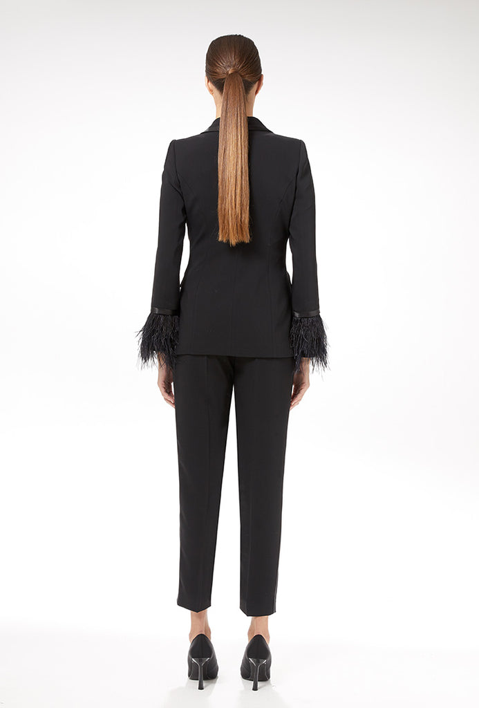 Carla Ruiz Black Feather Trim Blazer & Trousers Twin Set - Back