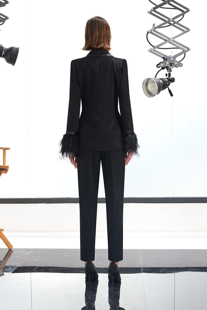 Carla Ruiz Black Feather Trim Blazer & Trousers Twin Set From The Back
