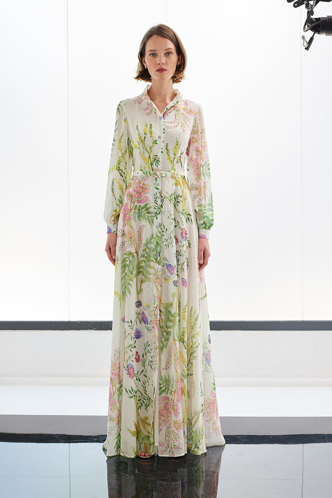 Carla Ruiz Cream Botanic Print Maxi Shirt Dress