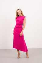 Caroline Kilkenny Adelle cerise pink asymmetric midi dress front view