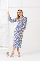 Caroline Kilkenny Alfie Leaf Print Rouched Midi Dress in Blue