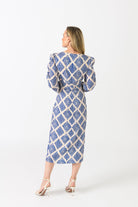 Caroline Kilkenny Alfie Blue Leaf Print Rouched Midi Dress From The Back 