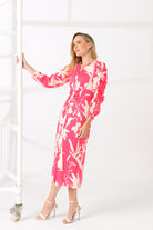 Caroline Kilkenny Alfie Leaf Print Rouched Midi Dress in Pink