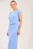 Caroline Kilkenny Ania blue satin wedding guest dress side detail