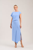 Caroline Kilkenny Ania blue silky long occasion dress front view
