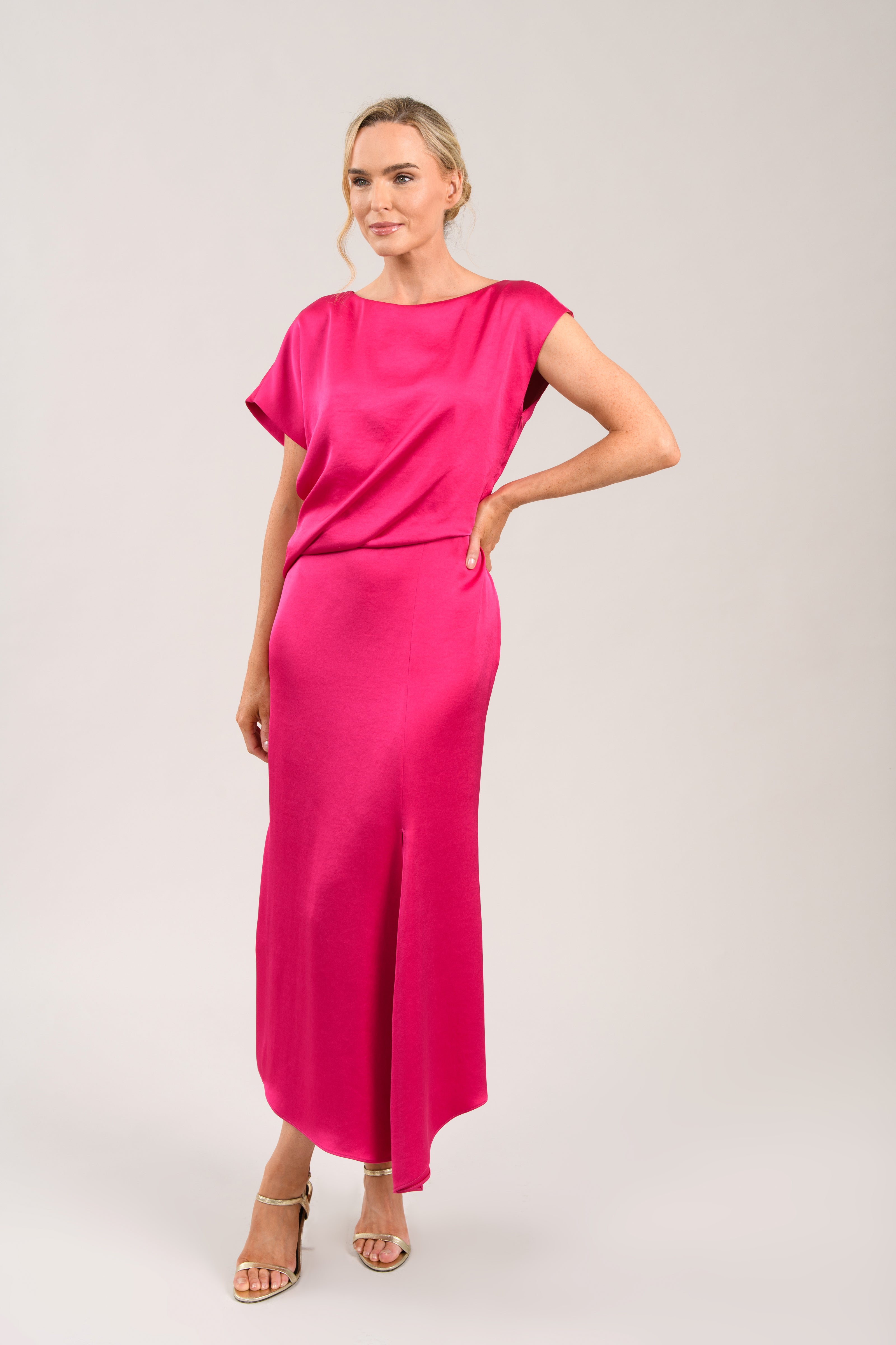 Caroline Kilkenny Ania cerise pink silky long occasion dress front view