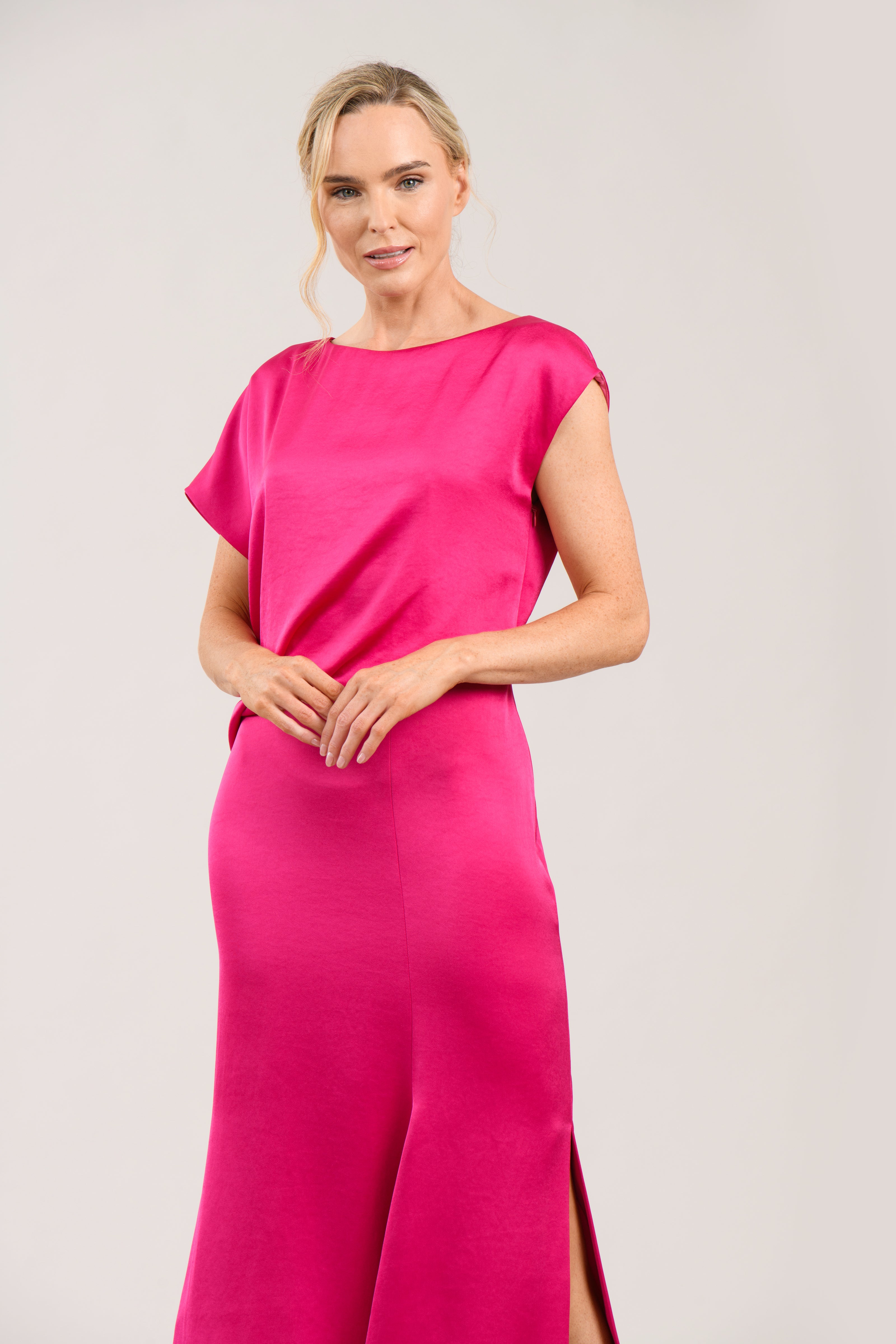 Caroline Kilkenny Ania cerise pink satin wedding guest dress side view