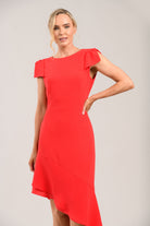 Caroline Kilkenny Aurelia red dress frilled shoulder detail close up