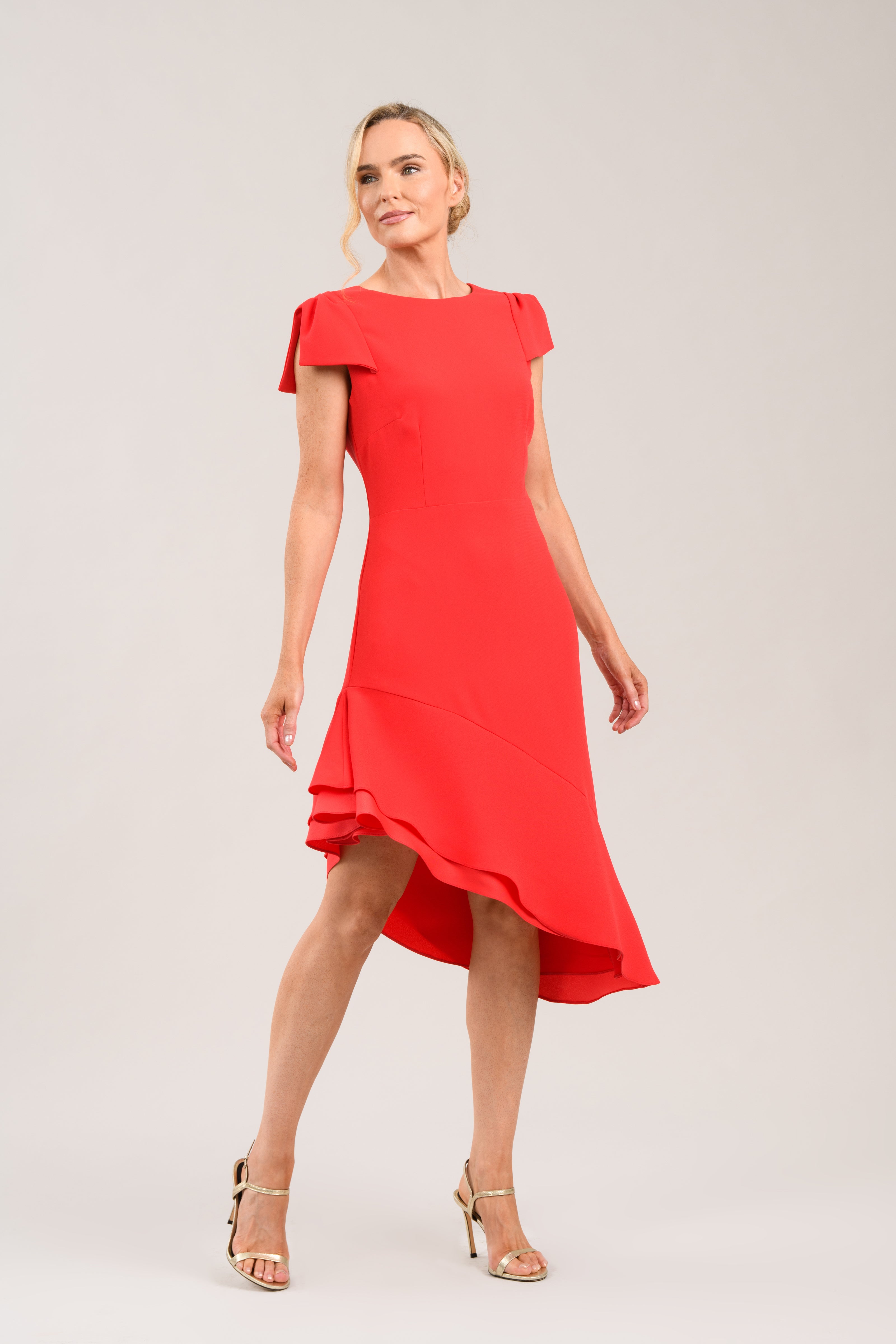 Caroline Kilkenny Aurelia red asymmetric hem occasion dress front view