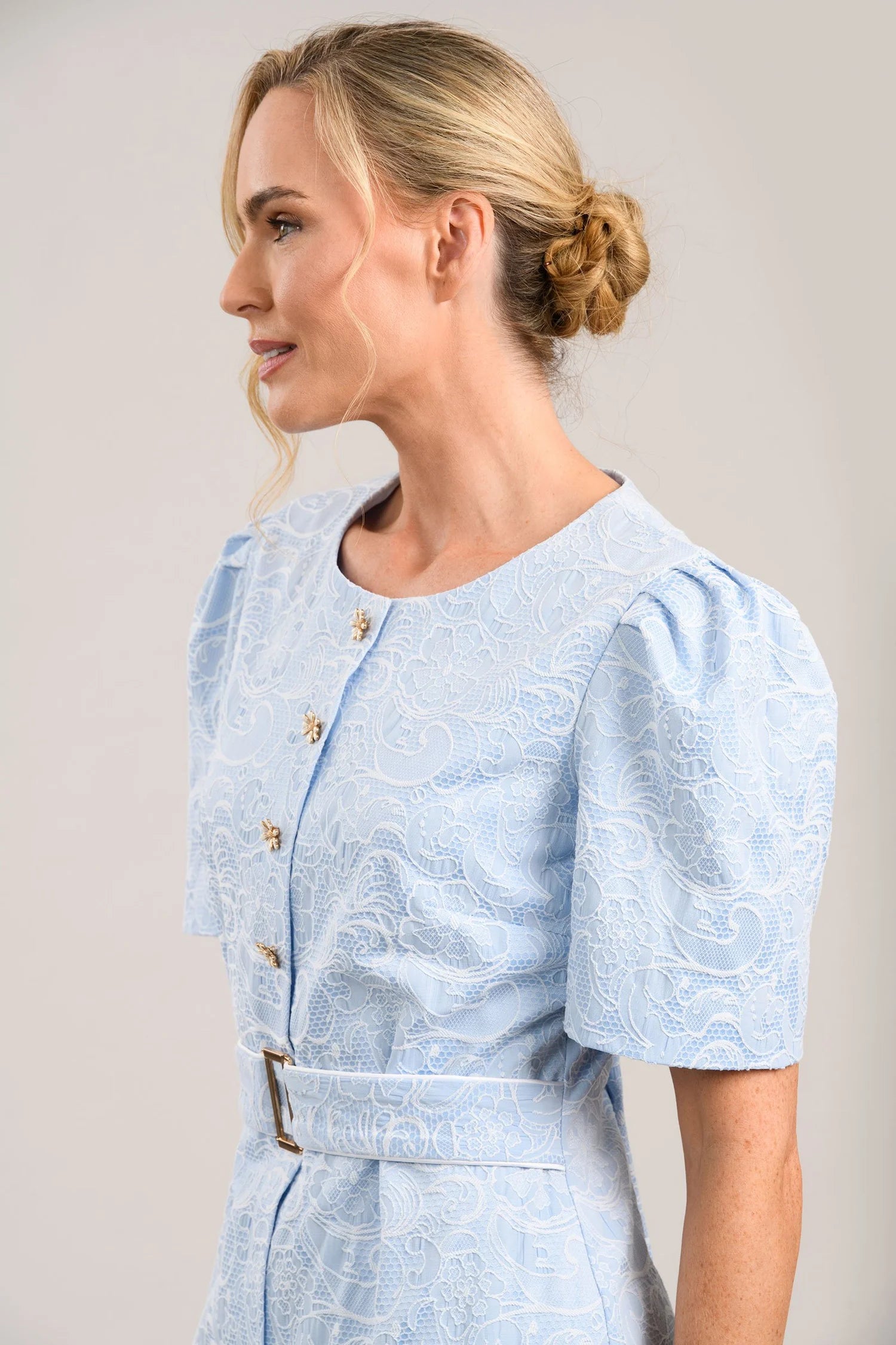 Caroline Kilkenny Carrie women’s blue jacquard dress daisy button detail