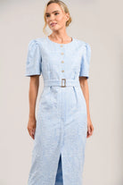 Caroline Kilkenny Carrie blue cream jacquard occasion dress front view
