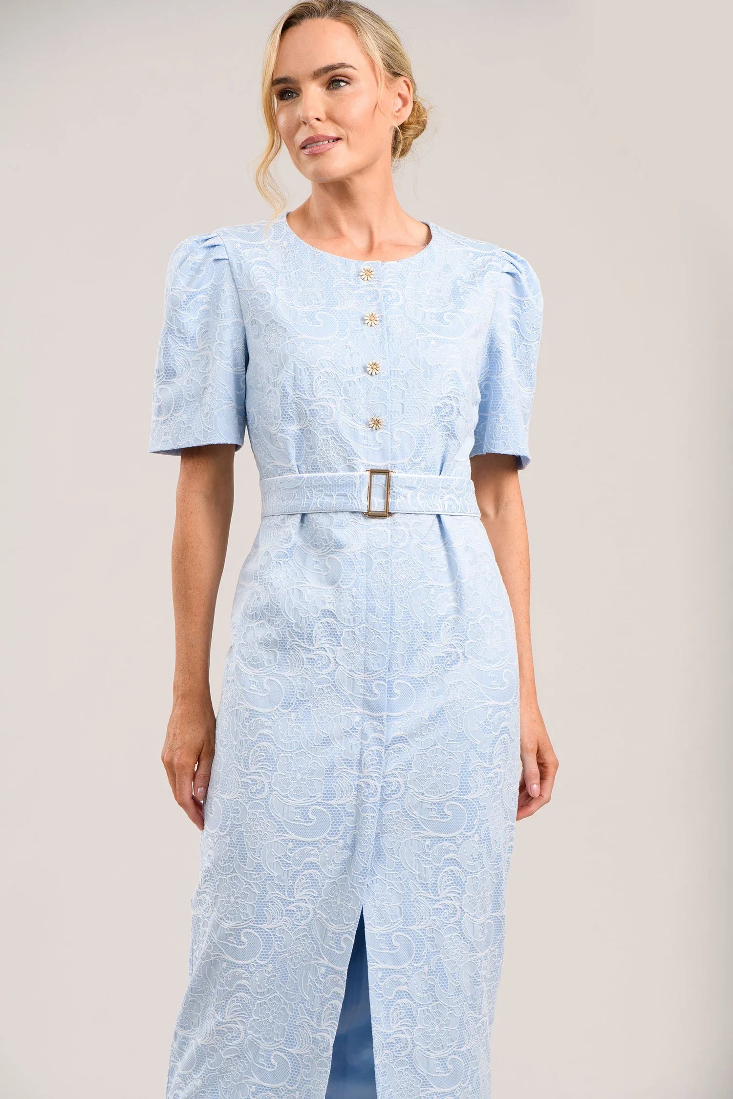 Caroline Kilkenny Carrie blue cream jacquard occasion dress front view