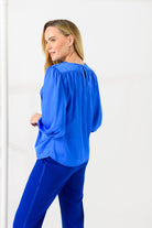 Caroline Kilkenny Charlotte Blue Pleated Front Blouse From The Back