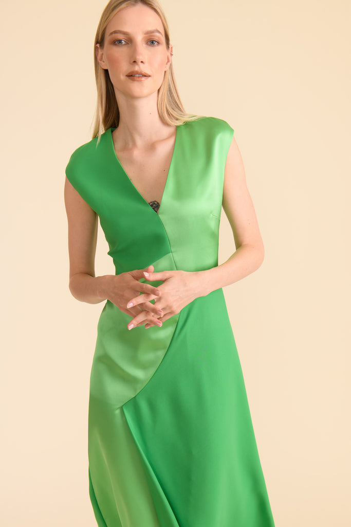 Caroline Kilkenny Chloe Green 2-Tone Sleeveless Midi Dress