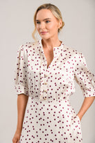 Caroline Kilkenny Dove berry polka dot dress bodice detail with ruffle trim