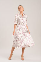Caroline Kilkenny Dove cream polka dot midi occasion dress front view