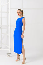 Caroline Kilkenny Erin Sleeveless Satin Trim Midi Dress In Blue