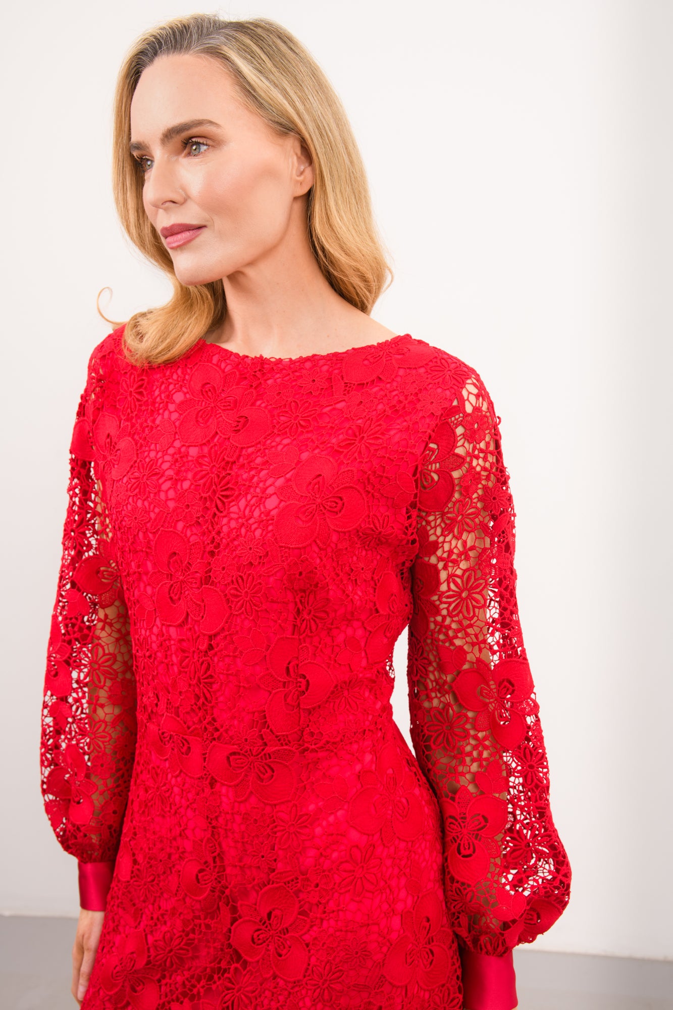 Close-up of Caroline Kilkenny Iris floral lace bodice and round neckline