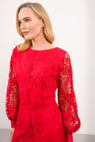 Close-up of Caroline Kilkenny Iris floral lace bodice and round neckline