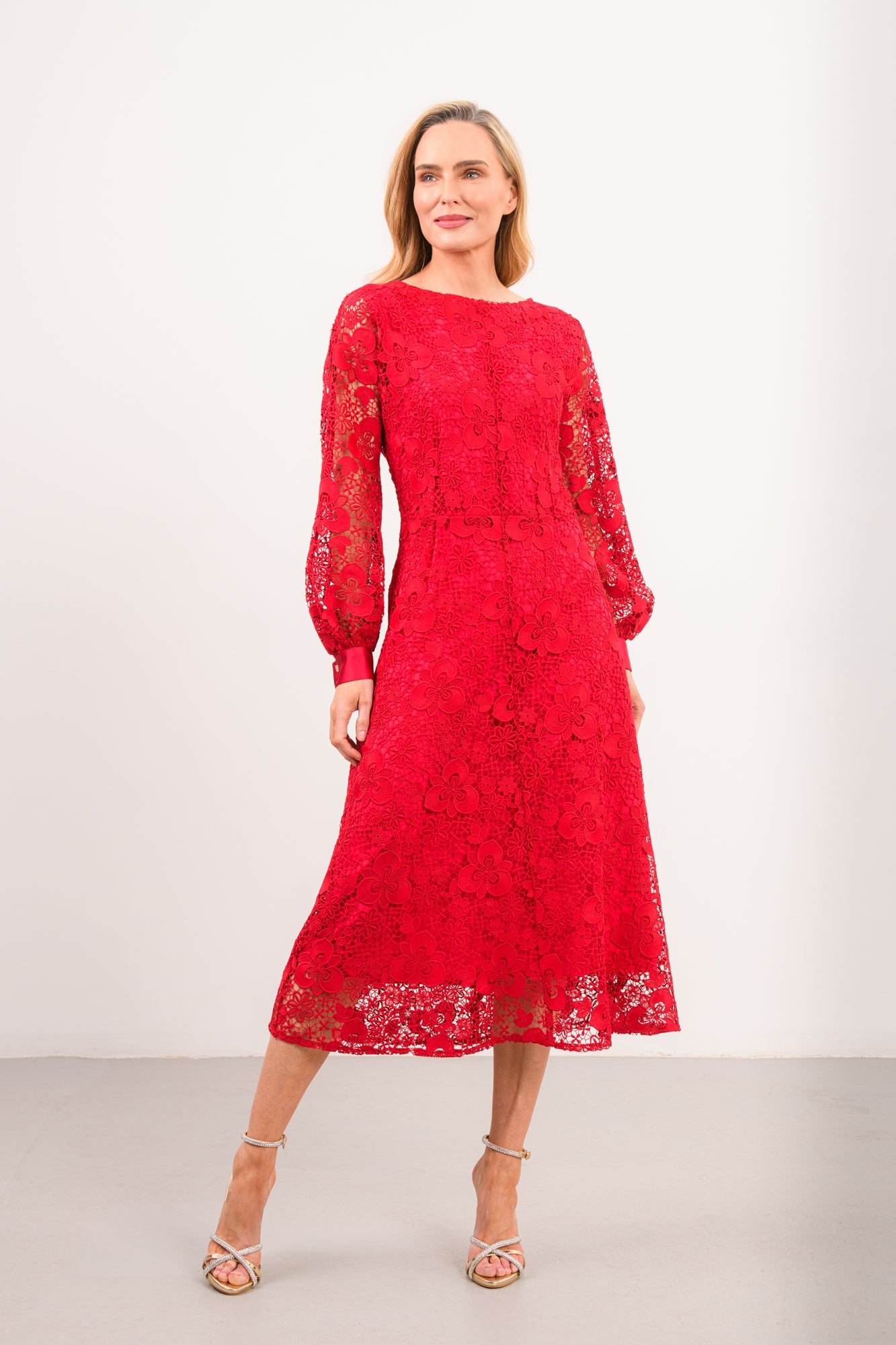 Caroline Kilkenny Iris red floral lace midi dress front view