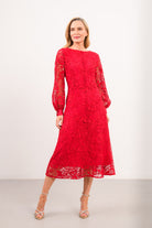 Caroline Kilkenny Iris red floral lace midi dress front view