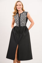 Caroline Kilkenny Jenny black embellished satin midi dress front view