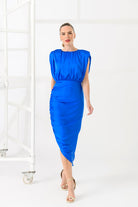 Caroline Kilkenny Lilac Ruched Pencil Dress In Blue