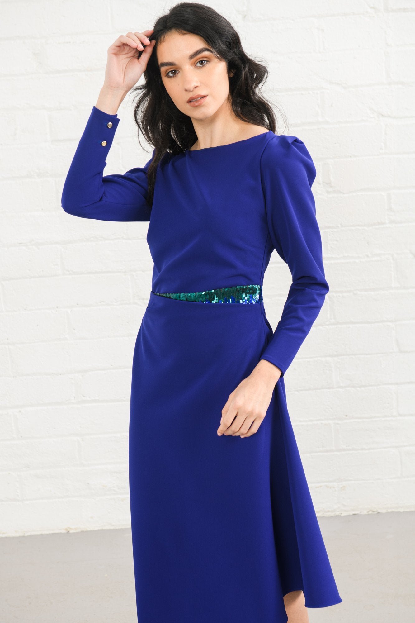 Sisters Lucy Purple Long Sleeve  Midi Dress With Sequin Waist