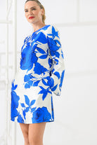 Caroline Kilkenny Merry Blue/White Floral Print Balloon Sleeve Shift Dress