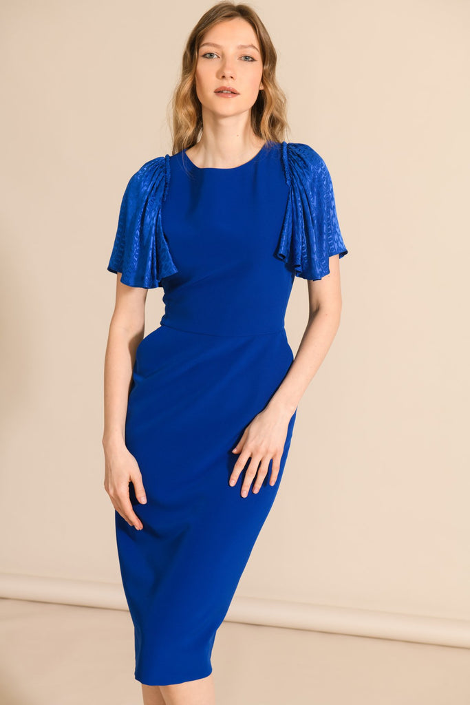 Caroline Kilkenny Willow Cape Sleeve Dress In Blue