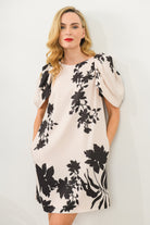 line Kilkenny Winnie Cream/Black Flower Print Shift Dress With Draped leeves 