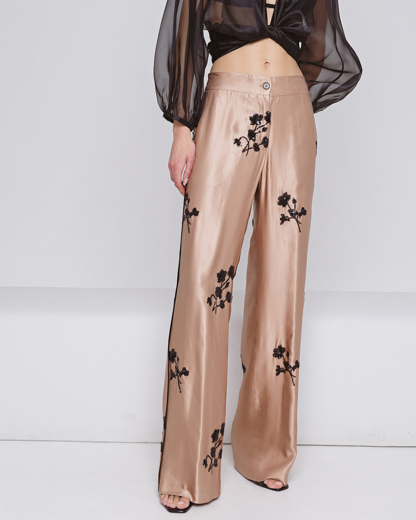 Access Fashion Gold Wide Leg Trousers With Floral Embroidery