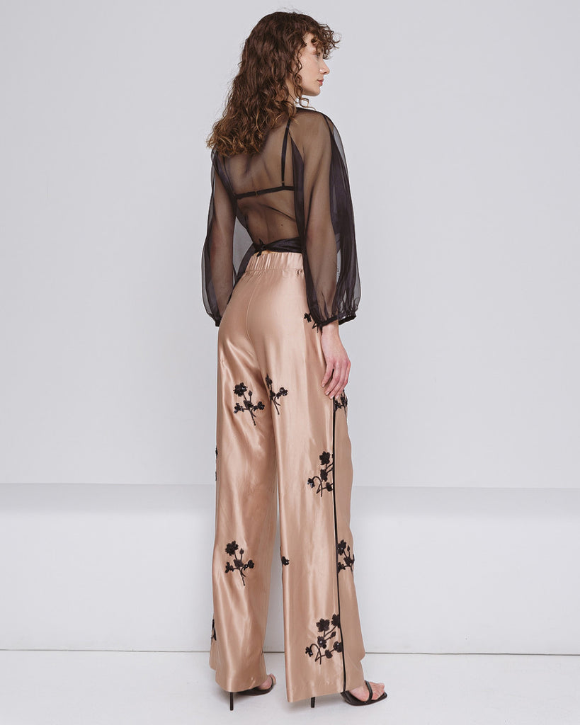 Access Fashion Gold Wide Leg Trousers With Floral Embroidery from Back 