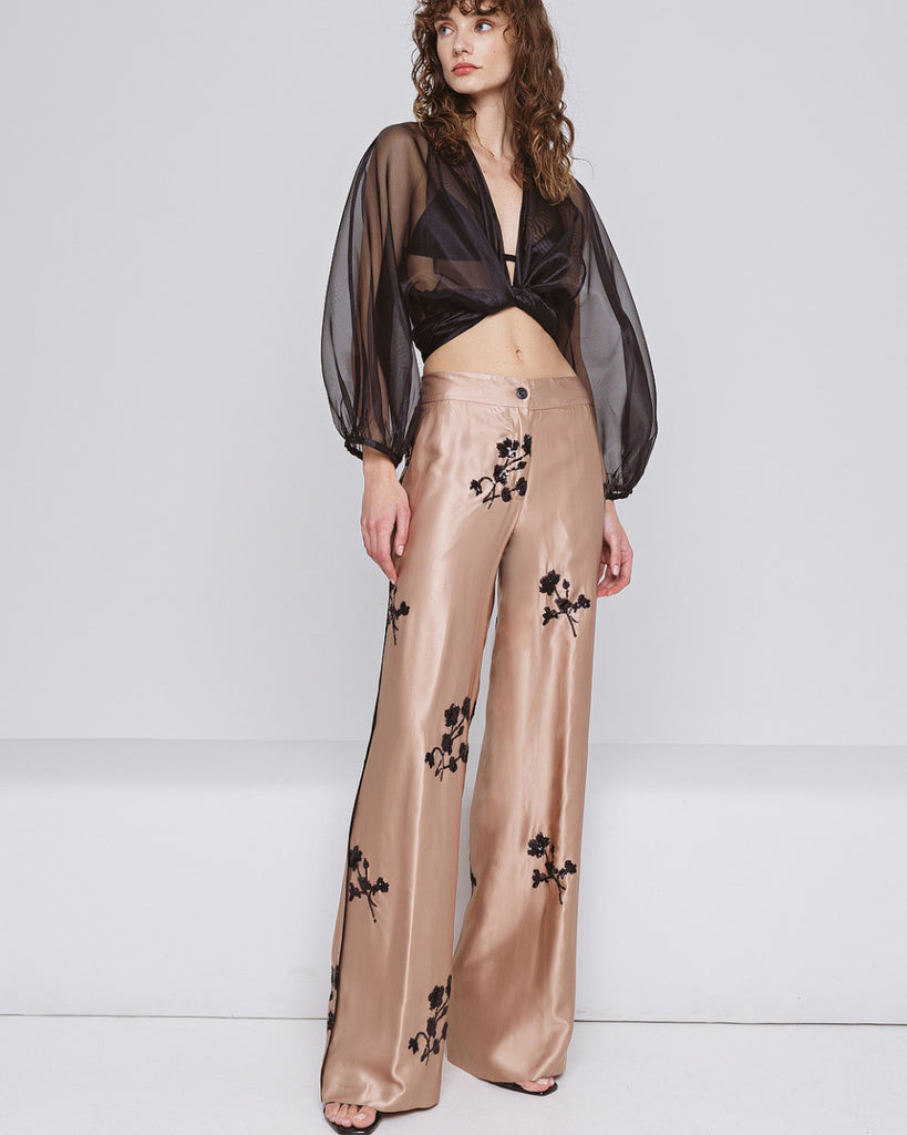 Access Fashion Gold Wide Leg Trousers With Black Floral Embroidery