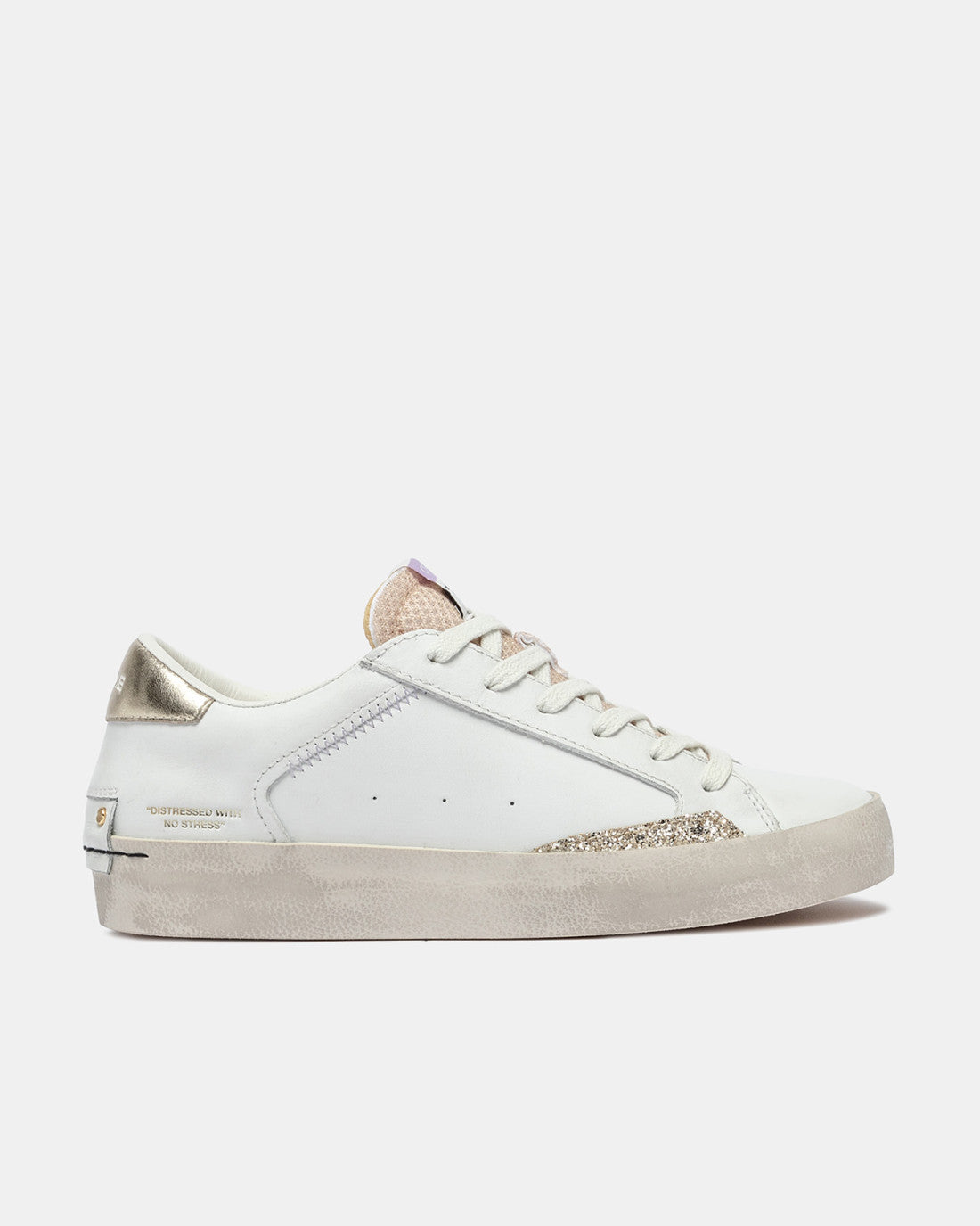 Crime London white leather distressed trainers side view