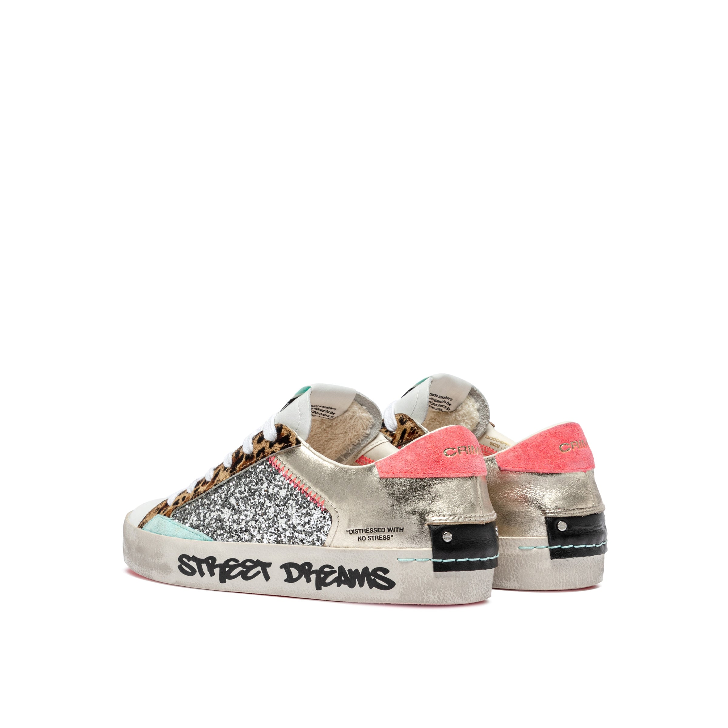 Crime London Platinum Wildlife Distressed Platform Sole Trainers With Pink Heel 