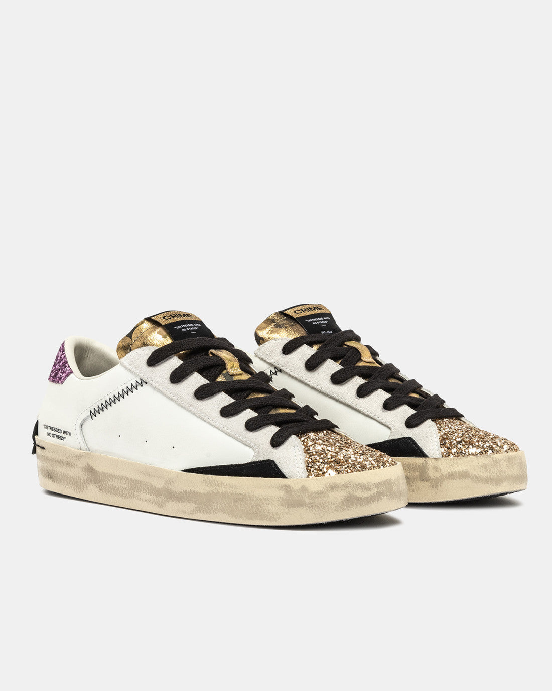 Crime London Gold Rush trainers with gold glitter toes and black laces
