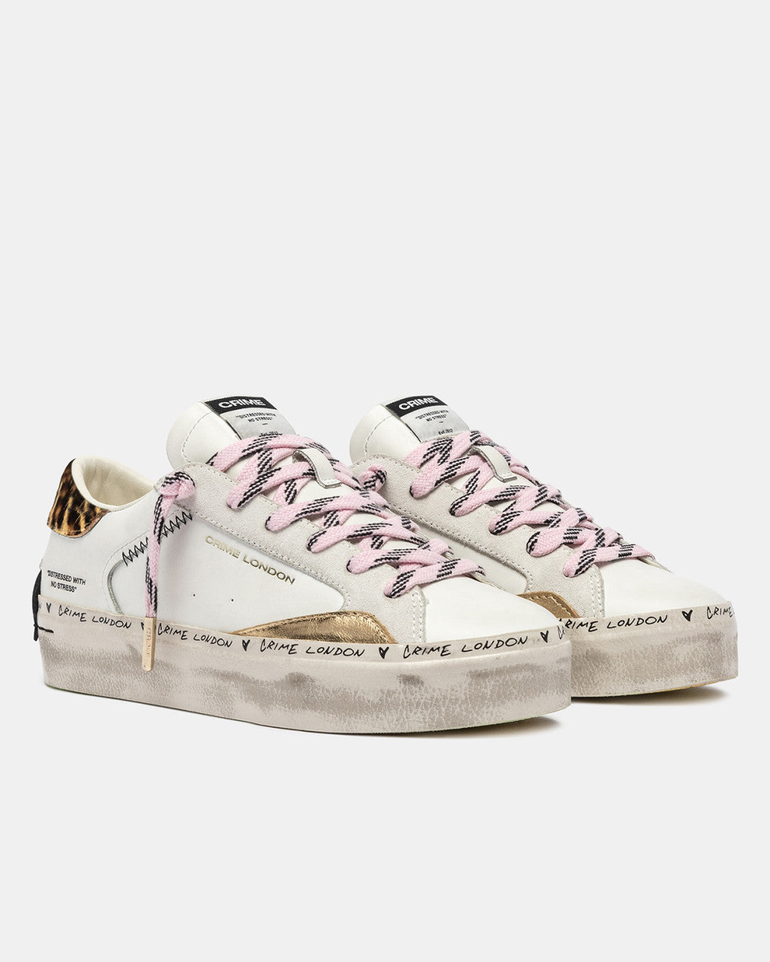 Crime London white cheetah trainers with pink laces and distressed sole