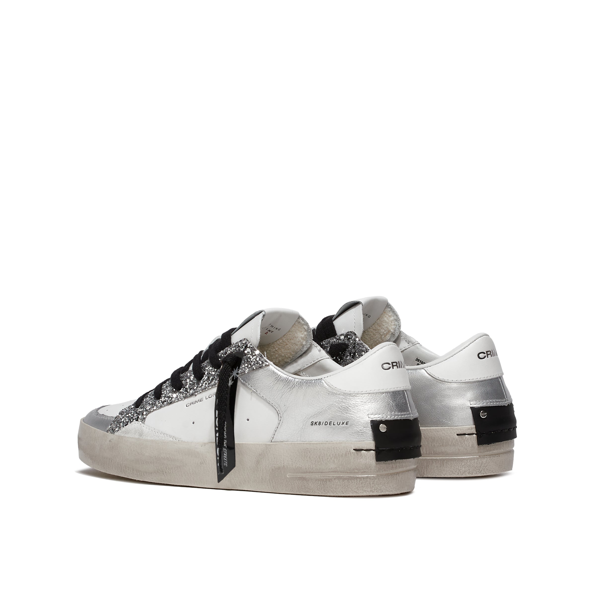 Crime London Sk8 Deluxe Silver Glam Platform Sole Trainers